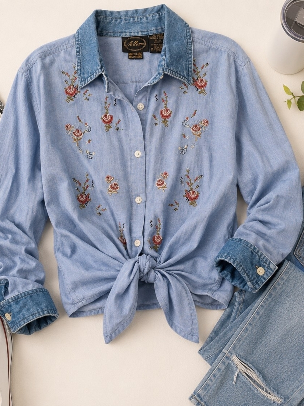 VINTAGE Allure Light Blue Embroidered Tie-Front 100% Cotton Chambray Button-Down